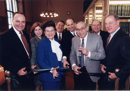 Paul and Irma Milstein, Howard and Abby Milstein, and U.S. Senator Chuck Schumer at the opening of the Irma and Paul Milstein Division of United States History, Local History and Genealogy